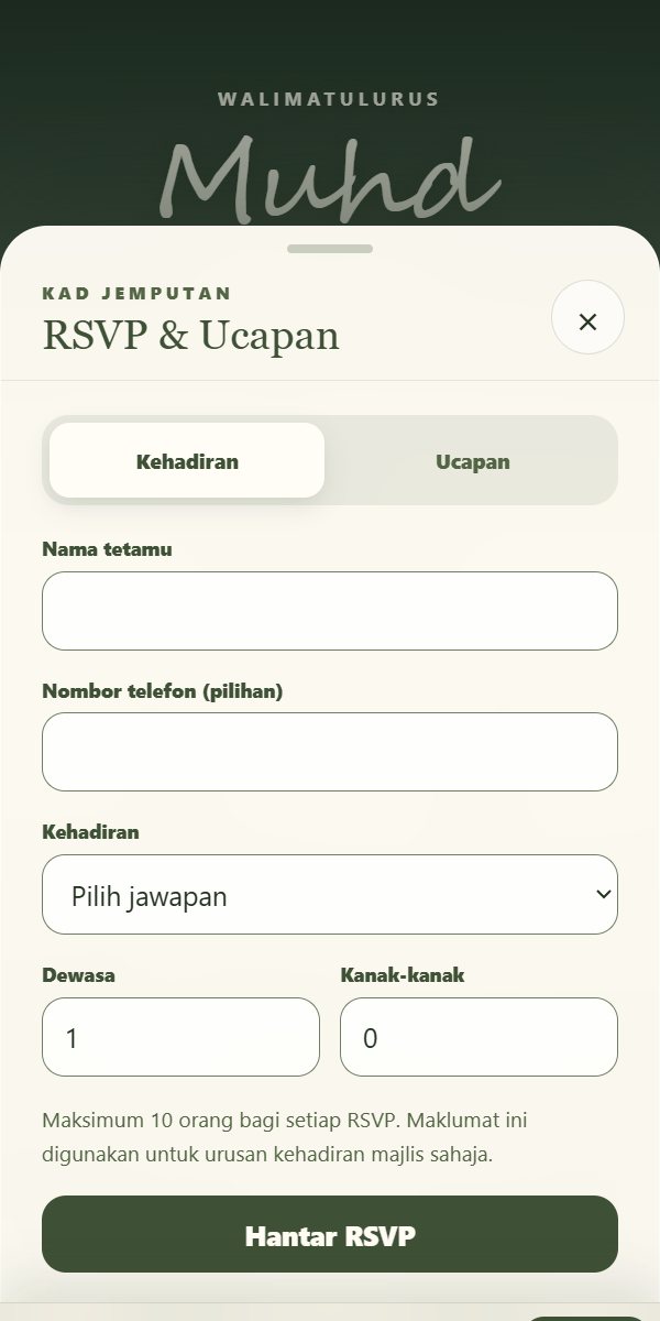The card's RSVP form with name, phone, attendance and number of adults and children