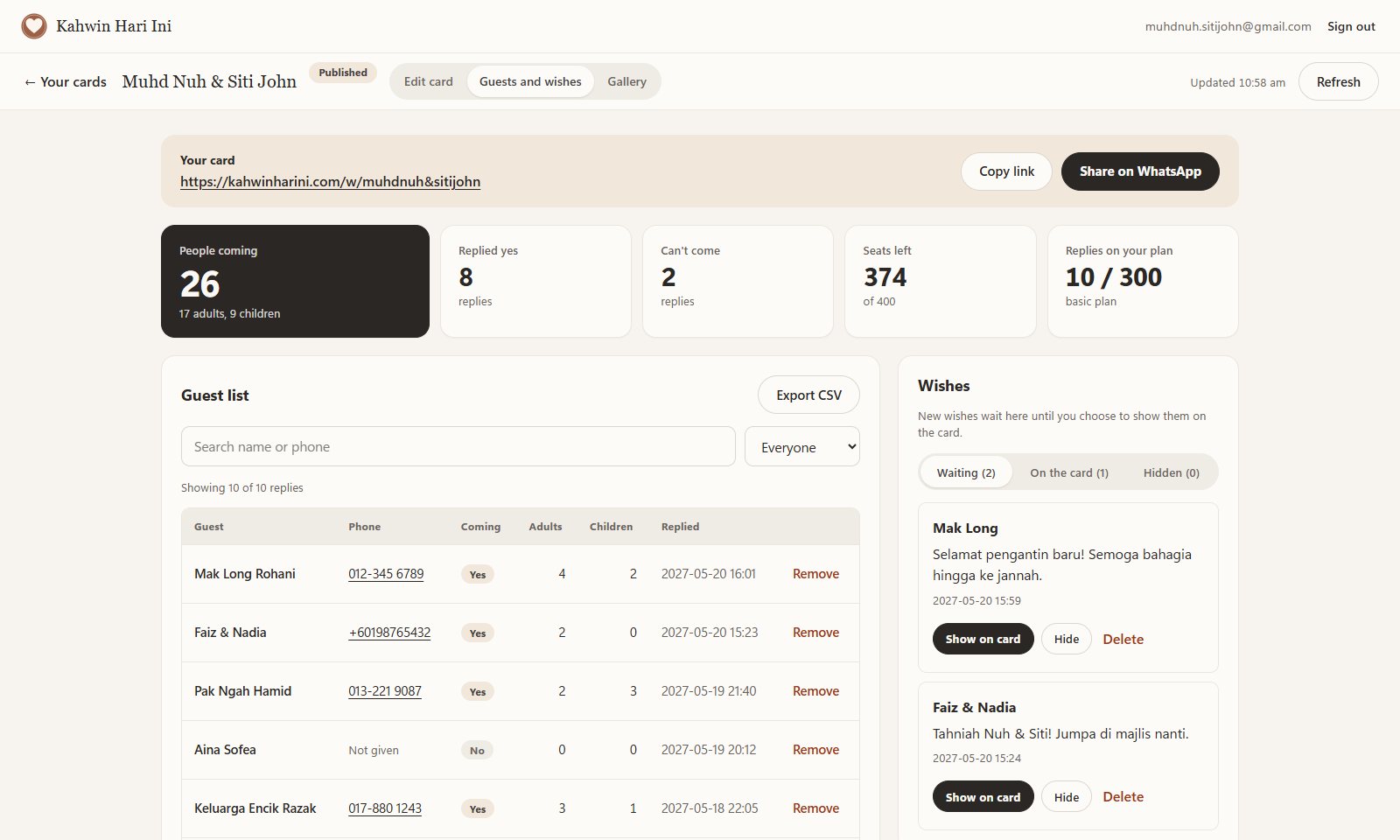 The guest dashboard: 26 people coming, a guest list with phone numbers and replies, and wishes waiting for approval