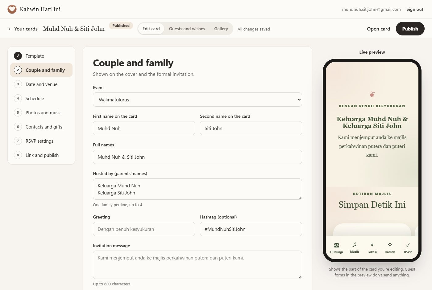 The card builder: the Couple and family step beside a live phone preview of the card